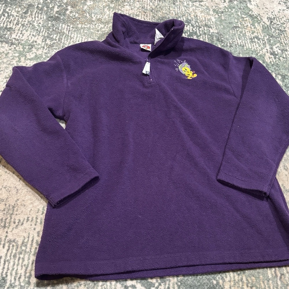 Vintage 2001 Looney Tunes Tweety Bird Purple Quarter-Zip Fleece Pullover Small